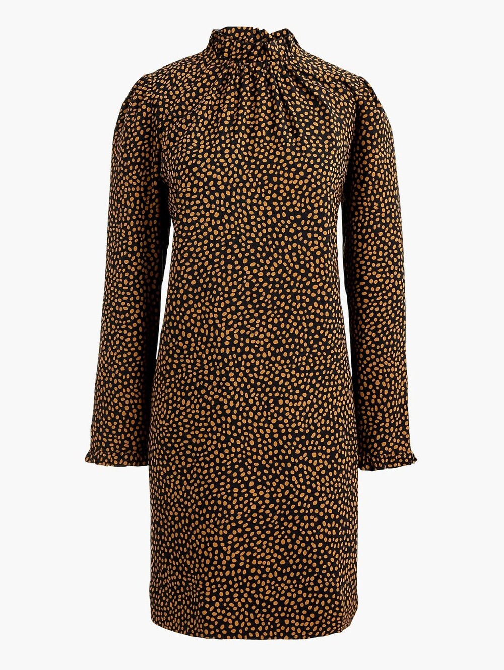 J. Crew Black Golden Mustard Yellow Dot Print Ruffleneck Long Sleeve Shift Dress